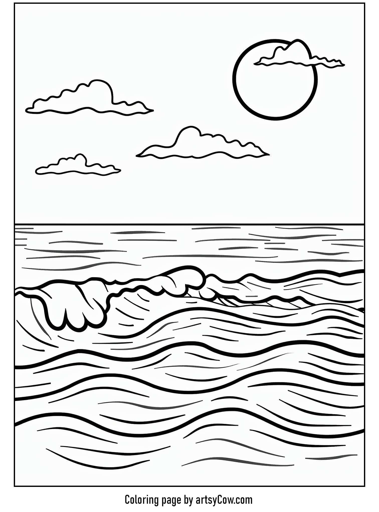 a simple depiction of sunset over ocean waves with fluffy clouds